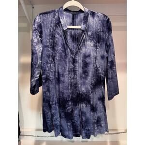 Pure‎ Amici Small Blue Tie Dye Tunic Top 3/4 Sleeve Boho Casual V Neck Blouse